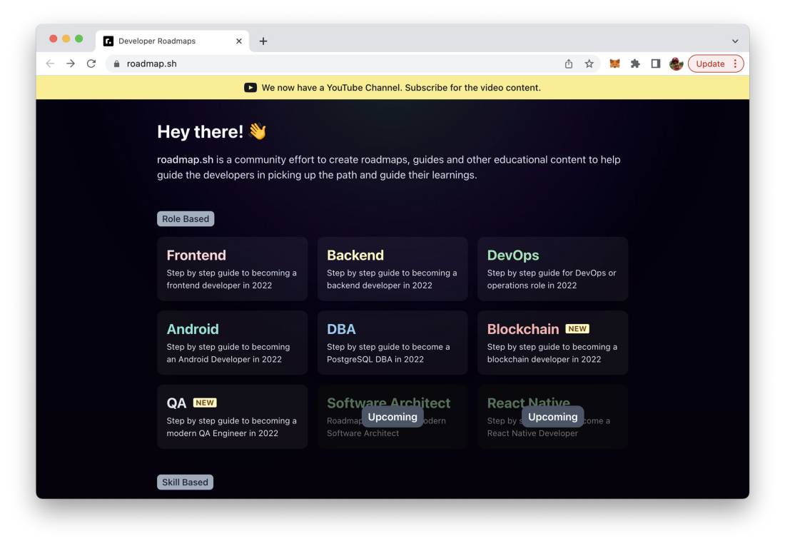 roadmap.sh provides developer learning path for different roles and skills