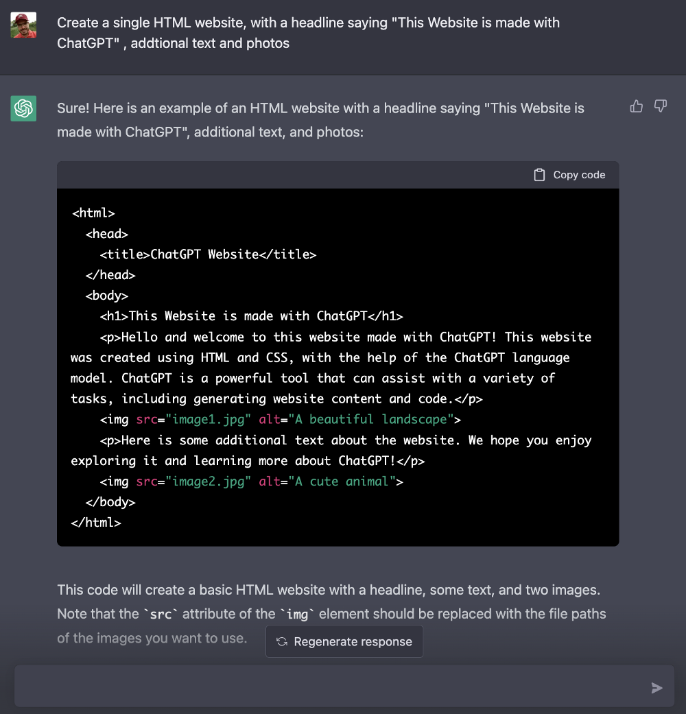 ChatGPT generating a HTML website