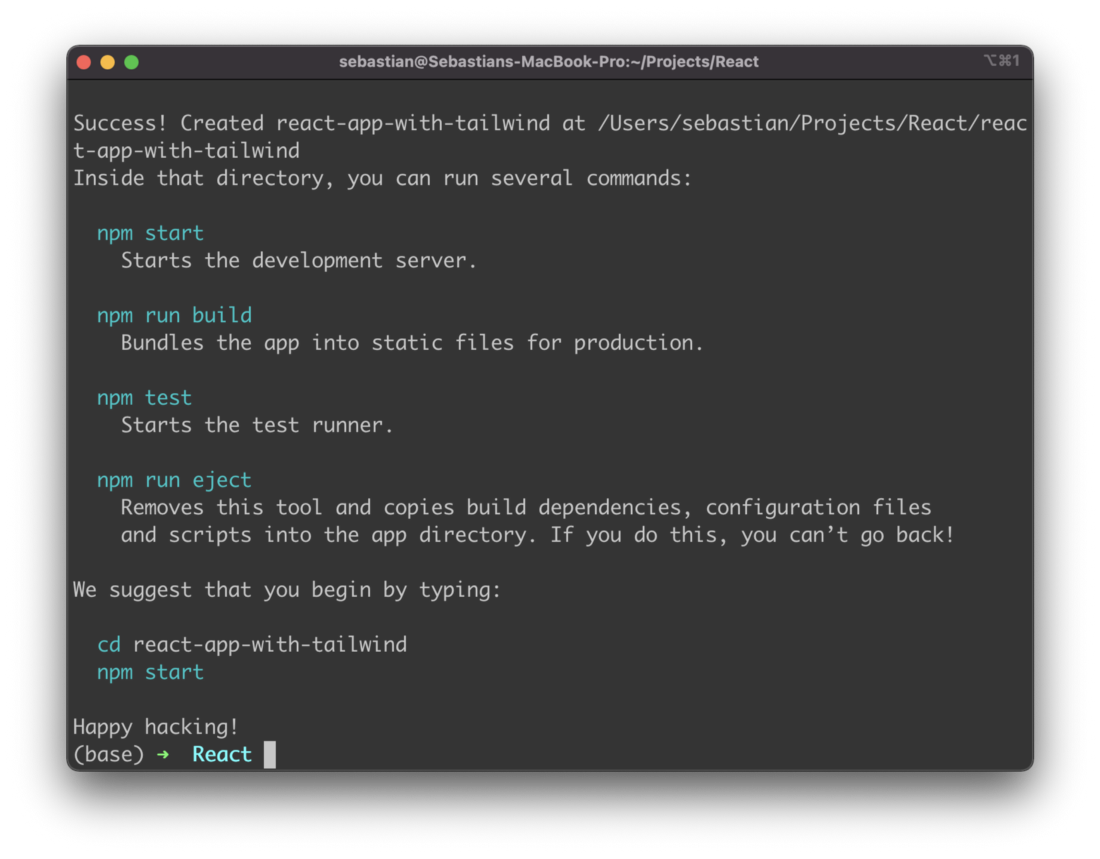The React project has been created successfully