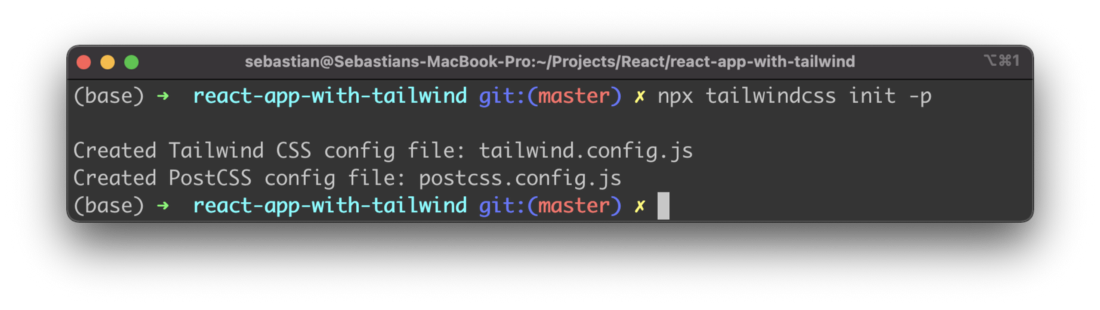 Configuration files tailwind.config.js and postcss.config.js have been generated successfully