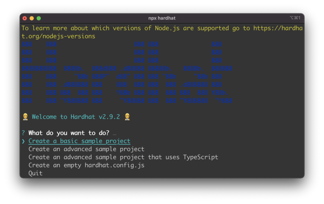 Choose Create a basic sample project when setting up Hardhat for our project