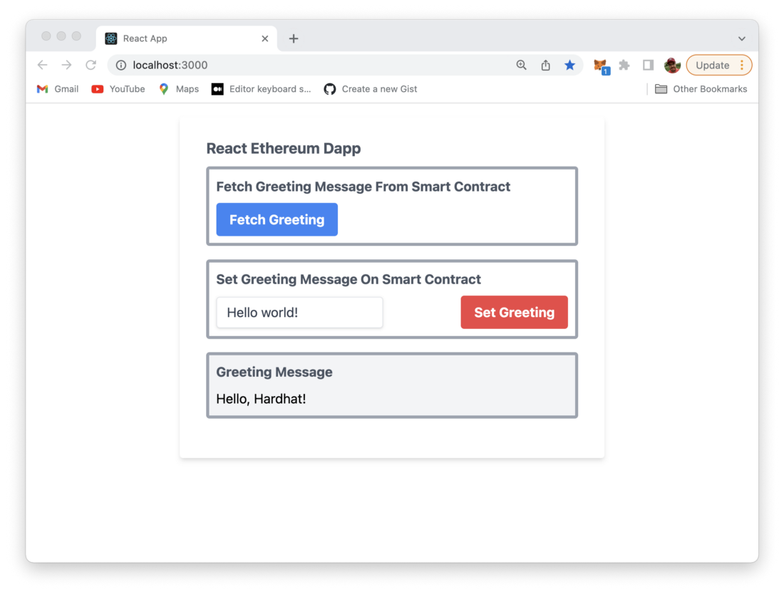 Set a new greeting message by using the web user interface of the React-based Dapp