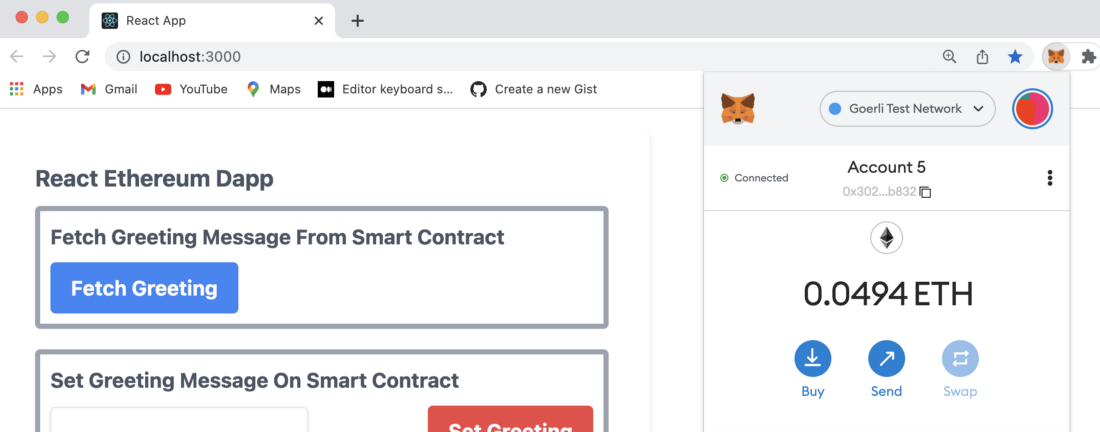 Making sure that we’re connected to the Goerli test network in MetaMask