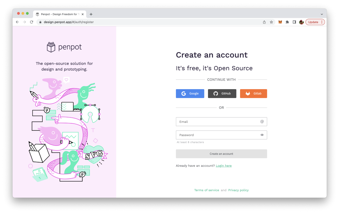 Signing up for a free Penpot account